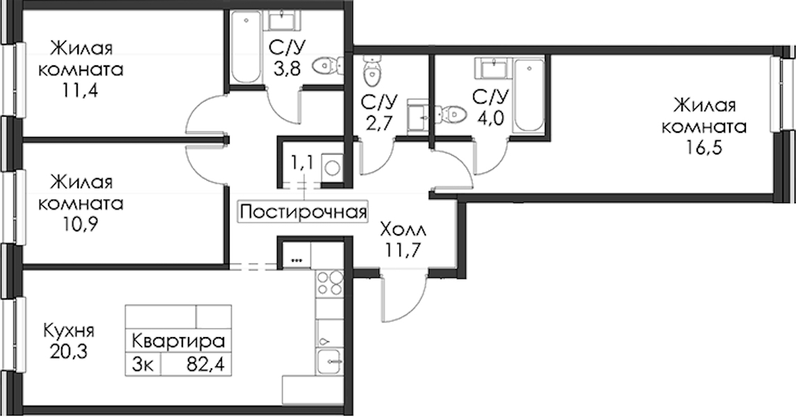 3-комнатная квартира 82.4 м², 1/12 эт., ЖК «Шкиперский 19»